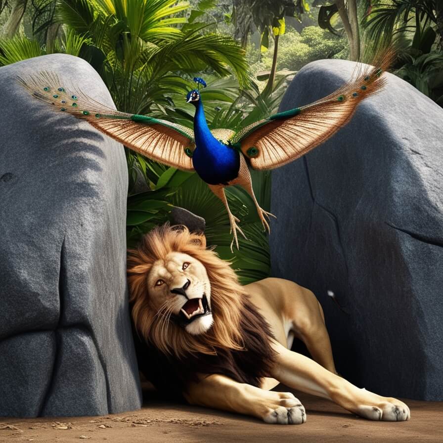 peacock dodges lion